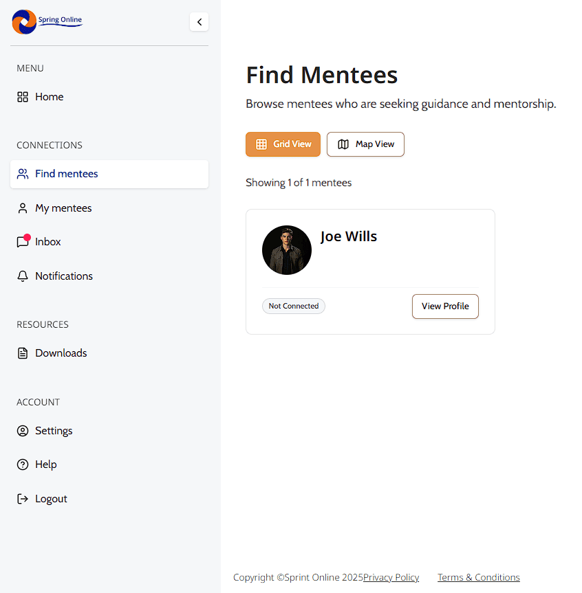 Find Mentees interface screenshot